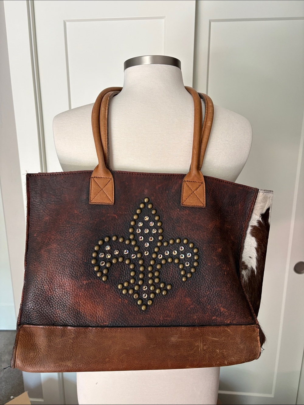 Two Bar West Brown Studded Fleur Tote with Tan Handles and hide sides